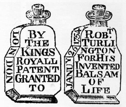 Front and back views of the tablet-shaped Turlington's Balsam of Life bottles as represented in a brochure dated 1755-1757. All the text displayed was embossed into the glass. BalsomOfLifeBottles.jpg