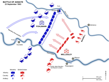 Map of the battle. The British and Indian infantry move forward to attack the redeployed Maratha line. Battle of Assaye.svg