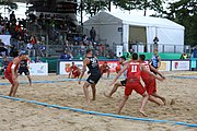 Deutsch: Beachhandball Europameisterschaften 2019 (Beach handball Euro); Tag 6: 7. Juli 2019 – Spiel um Platz Drei, Männer, Ungarn-Russland 2:0 (26:20, 23:22) English: Beach handball Euro; Day 6: 7 July 2019 – Men's Bronze Medal Match – Hungary-Russia 2:0 (26:20, 23:22)