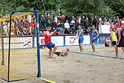 Deutsch: Beachhandball Europameisterschaften 2019 (Beach handball Euro); Tag 3: 4. Juli 2019 – Männer, Hauptrunde Gruppe I, Serbien-Deutschland 2:1 (14:25, 20:18, 7:6) English: Beach handball Euro; Day 3: 4 July 2019 – Men Main Round Group I – Serbia-Germany 2:1 (14:25, 20:18, 7:6)