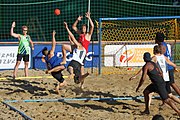 Deutsch: Beachhandball Europameisterschaften 2019 (Beach handball Euro); Tag 4: 5. Juli 2019 – Männer, Viertelfinale, Dänemark-Frankreich 2:0 (19:14, 12:10) English: Beach handball Euro; Day 4: 5 July 2019 – Quarter Final Men – Denmark-France 2:0 (19:14, 12:10)