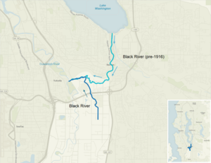 Pre-1916 and current courses of the Black River Black River pre-1916 and 2013 map.png