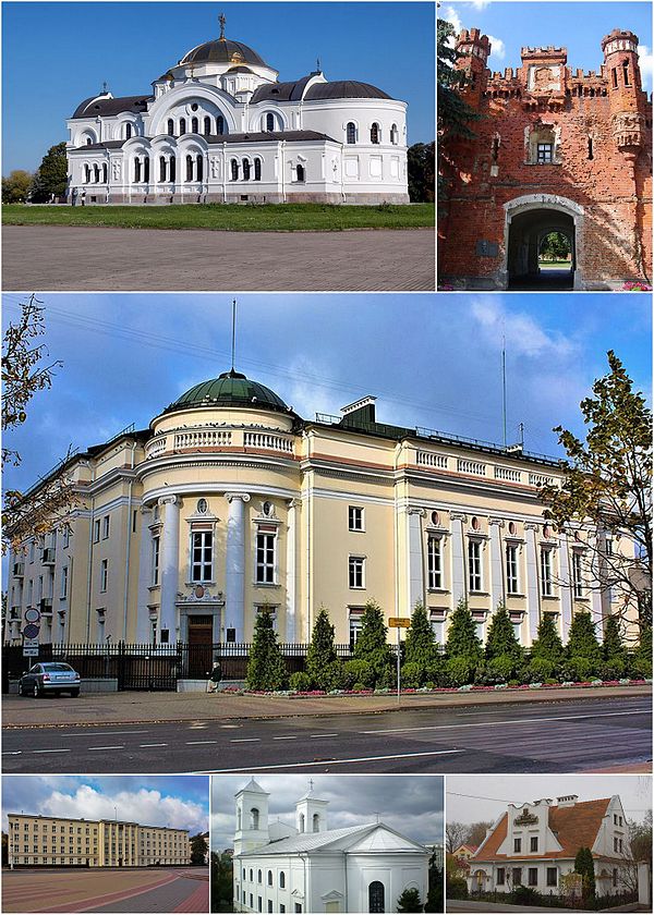 From top, left to right: Fortress church of Saint Nicholas Fortress Old Bank of Poland building Seat of regional authorities Exaltation of the Holy Cr