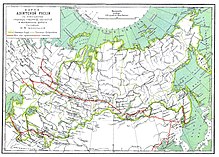 The Trans-Siberian Railway and other railways in the Asiatic part of the Russian Empire were important 19th-century megaprojects. Brockhaus and Efron Encyclopedic Dictionary b54 360-2.jpg