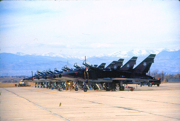 The 140th Tactical Fighter Wing's F-100D Super Sabres on the Buckley Air National Guard Base flightline in 1974.