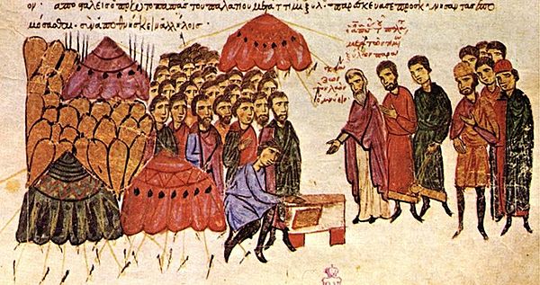 The Byzantine soldiers take an oath on the eve of the battle of Achelous, Madrid Skylitzes.