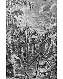 Jean de Brebeuf and Gabriel Lallemant stand ready for boiling water/fire "Baptism" and flaying by the Iroquois in 1649. Canada-iroquios brebeuf lallemant.jpg