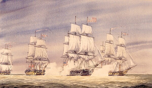 Capture of the American frigate South Carolina by the British frigates Diomede, Quebec and Astrea, c.1925, National Archives of Canada