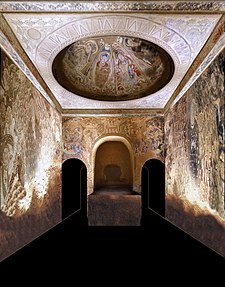 The Buddhist Cave of the Ring-Bearing Doves (Cave 123) at the Kizil Caves near Kucha, built c. 430-530 AD Cave 123 complete with sides.jpg