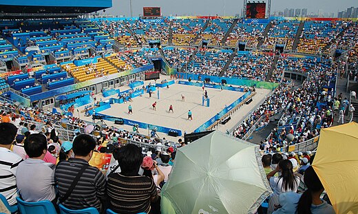 het hoofdstadion voor het beachvolleybal in Chaoyangpark