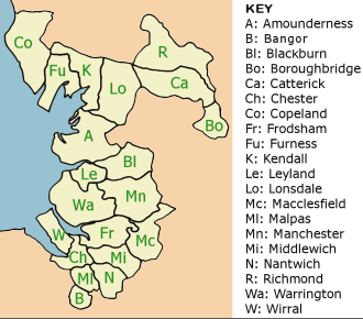 The deaneries of the Diocese of Chester in about 1835, shortly before a series of boundary changes greatly diminished its size. Chesterdeaneries1835.svg