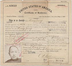 1892 certificate of residence for Hang Jung: From Papers relating to Chinese in California Chinese American Certificate of Residence 1892.jpg