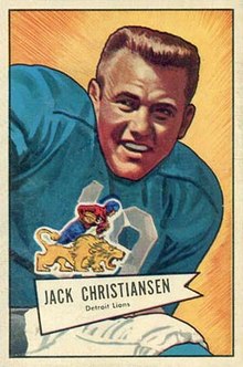 Trading card of Jack Christiansen. Shown in a Lions jersey with no helmet, smiling.