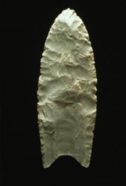 A Clovis point created using bi-facial percussion flaking (that is, each face is flaked on both edges alternatively with a percussor)
