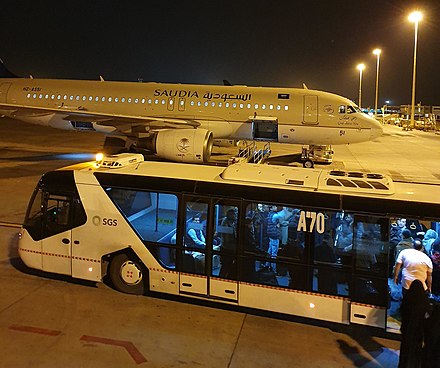 Neoplan Airliner bus loading the passengers coming out of the plane