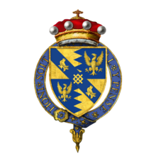 Arms of Sir Thomas Audley,1st Baron Audley of Walden,KG:Quarterly per pale indented or and azure,in the 2nd and 3rd an eagle displayed of the 1st on a bend of the 2nd a fret between two martlets of the 1st. The fret or knot is a reference to the arms of Audley,Baron Audley,which family died out in the male line in 1391,and to which he does not appear to have been related. Coat of arms of Sir Thomas Audley,1st Baron Audley of Walden,KG.png