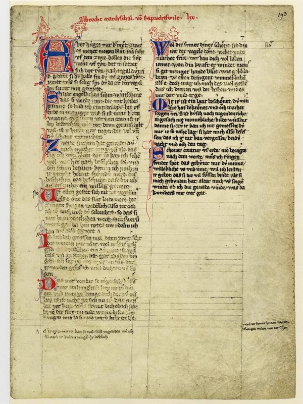 Manuscript, Codex Manesse. Most manuscripts were ruled with horizontal lines that served as the baselines on which the text was entered.