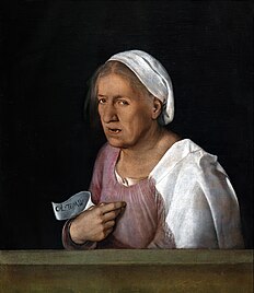 Image d'une peinture représentant sur un fond sombre, derrière un parapet, une femme âgée représentée en demi-figure de trois quarts, tournée vers la gauche qui regarde le spectateur en ouvrant la bouche et tenant un parchemin dans sa main droite qui repose sur pecho.  Lleva una boina blanca, que deja al descubierto un mechón de cabello gris y un vestido rosa, así como una tela blanca con flecos en el dobladillo que descansa sobre su hombro.