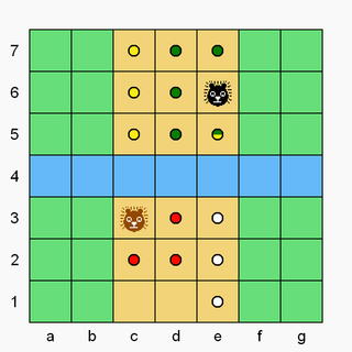 Brown's pawn on b2 can move or capture to any red dot in front. Brown's c6-pawn has crossed the river, so additionally can move backwards one or two steps (no jumping) to a white dot. Brown's superpawn on e3 can move or capture to any dark green dot, and can move backwards (not capture) to any white dot (no jumping).