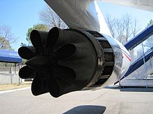 Rear view of a CJ805-3 turbojet equipped with a scalloped nozzle hush kit Convair 880 Lisa Marie Graceland Memphis TN 2013-04-01 028.jpg