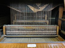 Interior of the organ at Cradley Heath Baptist Church showing the tracker action. The rollers transmit movement sideways to line up with the pipes. Cradley Heath Baptist Church Organ A01.JPG