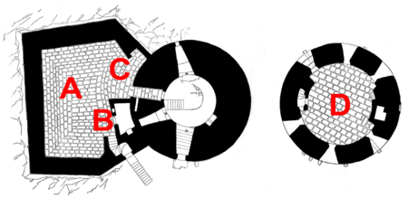 Plan of the castle, ground floor (left), first floor (right): A - 18th century gun platform; B - guard house; C - latrines; D - 17th-century tower Cromwell's Castle plan with roof.png