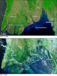Delta de l'Irauadi, abans i després d'un cicló que ha erosionat part de la plana deltaica
