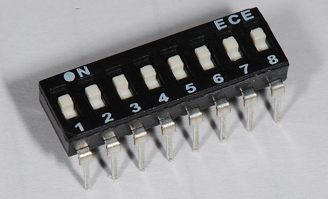 Configuration DIP switches in a 16-pin through-hole package as often found in ISA expansion cards from the 1980s