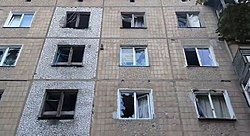 Damaged apartment building in Gorlivka, Donbass, August 7, 2014.jpg