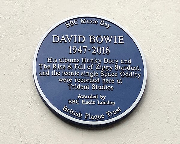 Plaque at Trident Studios in London marking where Bowie recorded six albums between 1969 and 1974