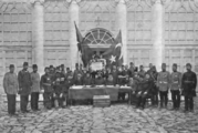 Declaration of the Young Turk Revolution in 1908 by the leaders of the Ottoman millets, with a pair of Ottoman flags.
