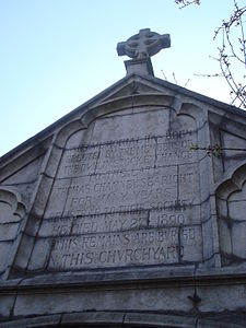 The plaque on the archway above the entrance to Donnybrook Cemetery Donnybrook Cemetery, Dublin, archway plaque.JPG