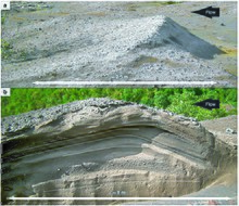 Dune bedform formed by the pyroclastic currents related to the 2006 eruption of Tungurahua (Ecuador). A. Outer shape of a lunate dune bedform and B. internal lamination. Note preferential aggradation on upstream face (backset laminations). Douillet al 2013b Fig. 6 (Bull. Volcanol.).jpg