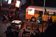 The third episode of the 11th season of Doctor Who being filmed in Cape Town at Greenmarket Square. The scene depicts Rosa Parks being escorted off a bus, initiating the Montgomery bus boycott. Dr Who Season 11 being filmed.jpg