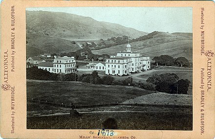 Eadweard Muybridge photograph of Mills College (Mills Seminary) circa 1873, featuring Mills Hall