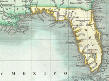 Excerpt of 1803 map by John Cary showing East and West Florida, limited by the United States' claim to part of Spain-controlled West Florida. East and West Florida 1803 Cary Map.png