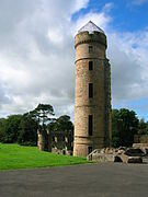 The remaining tower from the Lugton Water ford side