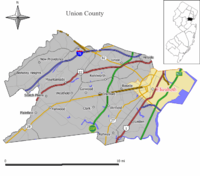 ユニオン郡内のエリザベス市の位置 （右上図はニュージャージー州におけるユニオン郡の位置）の位置図