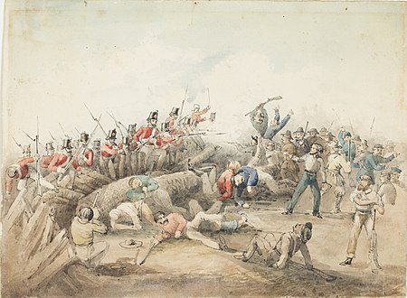 British soldiers storming the Eureka stockade in 1854 Eureka stockade battle.jpg