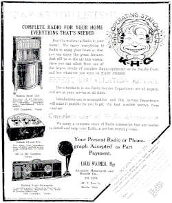 1924 advertisement for the Excelsior Motorcycle and Bicycle Co., "Operating Station KHQ". Excelsior Motorcycle and Bicycle Company (Seattle) advertisement (1924).gif