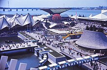 2nd most visited: Canada Pavilion, shown with Ontario and Western Provinces pavilions Expo 67, pavillons Ontario, Canada, Provinces-de-l'Ouest, et le Minirail..jpg