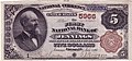 5 dolláros bankjegy az 1882-es sorozat barna hátoldalas (Brown Back) változatából, a The First National Bank of Jennings, Louisiana (Charter 5966) 1901-es kibocsátása.