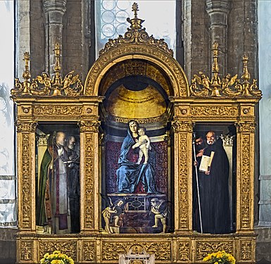 Giovanni Bellini – Fraritriptyken (1488). Tronande Madonna och Barnet med helgonen Nikolaus, Petrus, Markus och Benedikt.