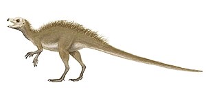 Live image of Fruitadens, reconstruction with feather-like skin structures on the back analogous to the related genus Tianyulong.