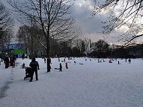 Weißenseepark — Katzenbuckel (schlittenfahrende Kinder)