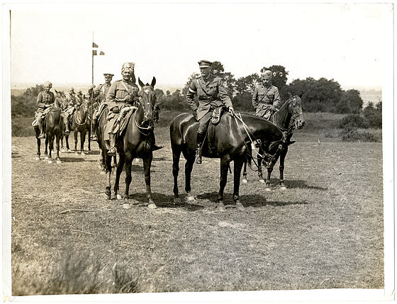 Sajjan Singh, the Maharaja of Ratlam, riding with Lt. Gen. Rimington and Sir Partab Singh. Linghem, France, 28 July 1915