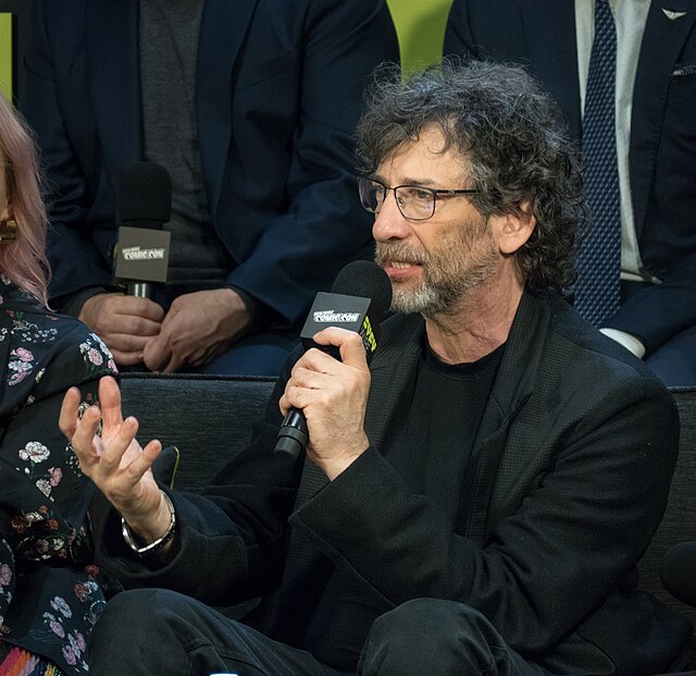 Gaiman on a panel about the Good Omens TV series at New York Comic Con in 2018
