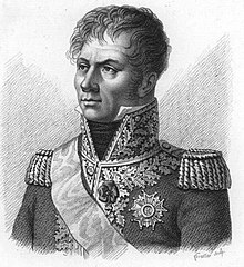 Black and white print depicts a clean-shaven man in an elaborate early 1800s military uniform with a high collar and lots of gold braid.