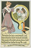 Another humorous postcard in which a woman fails to see the face of her future husband in a mirror on Halloween night.