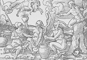 Witches prepare a magic salve. Note naked witch top left riding through the air mounted upon a goat. (woodcut, 1571) Hexen bereiten eine magische Salbe zu.jpeg